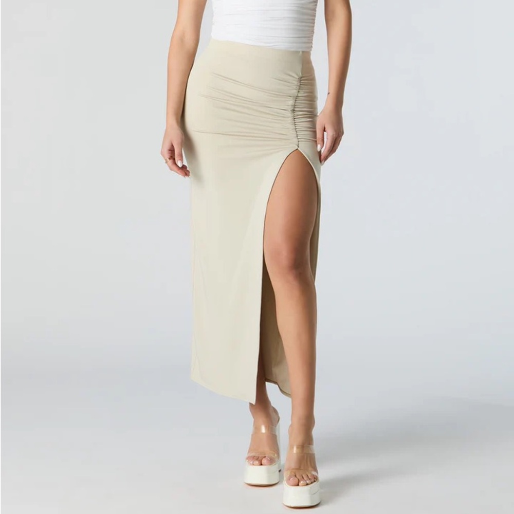 Contour Ruched Slit Midi Skirt Off White
